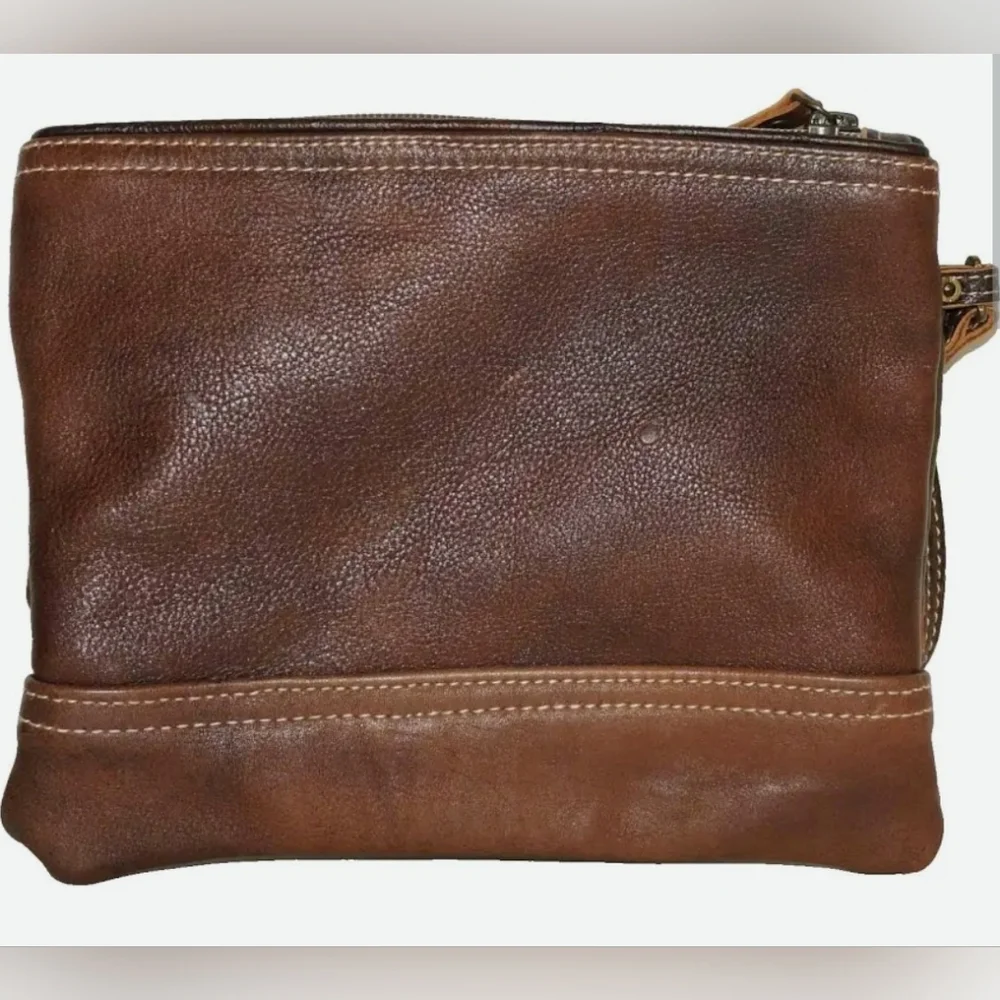 Myra Bag Leather Wristlet Clutch - Olive Green and Brown
